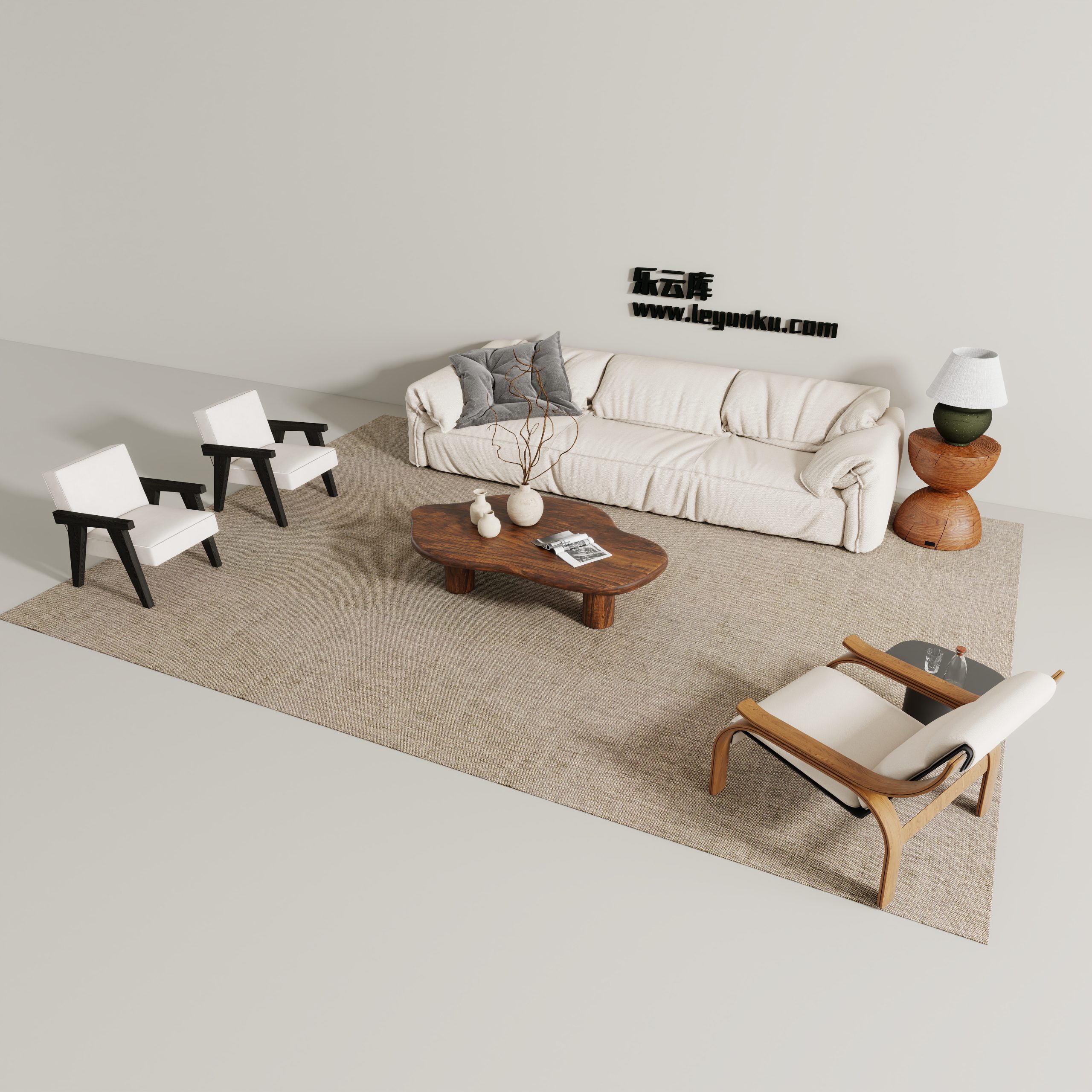 侘寂中古风格-客厅可拆解场景模型-乐云库