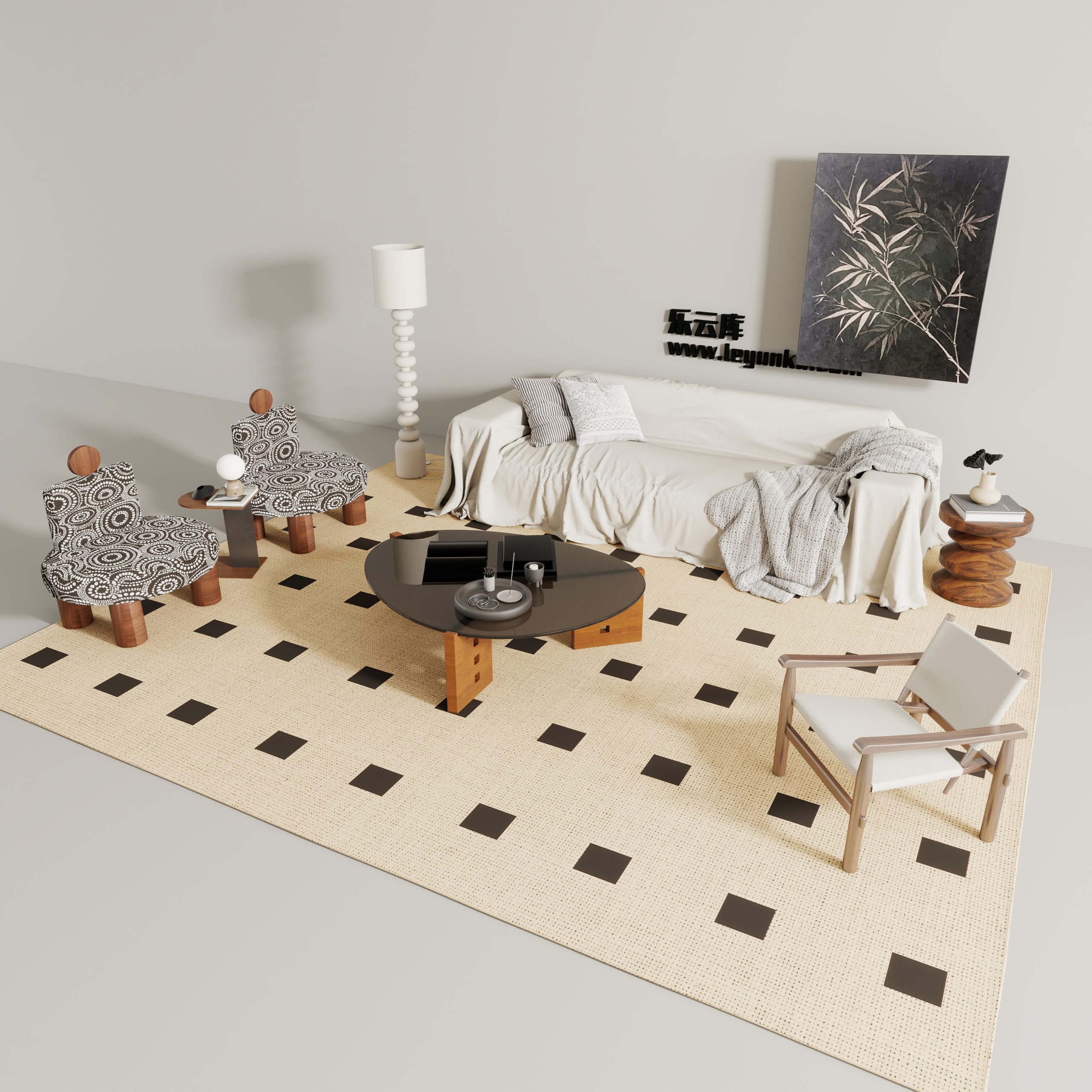 侘寂中古风格-客厅可拆解场景模型-乐云库