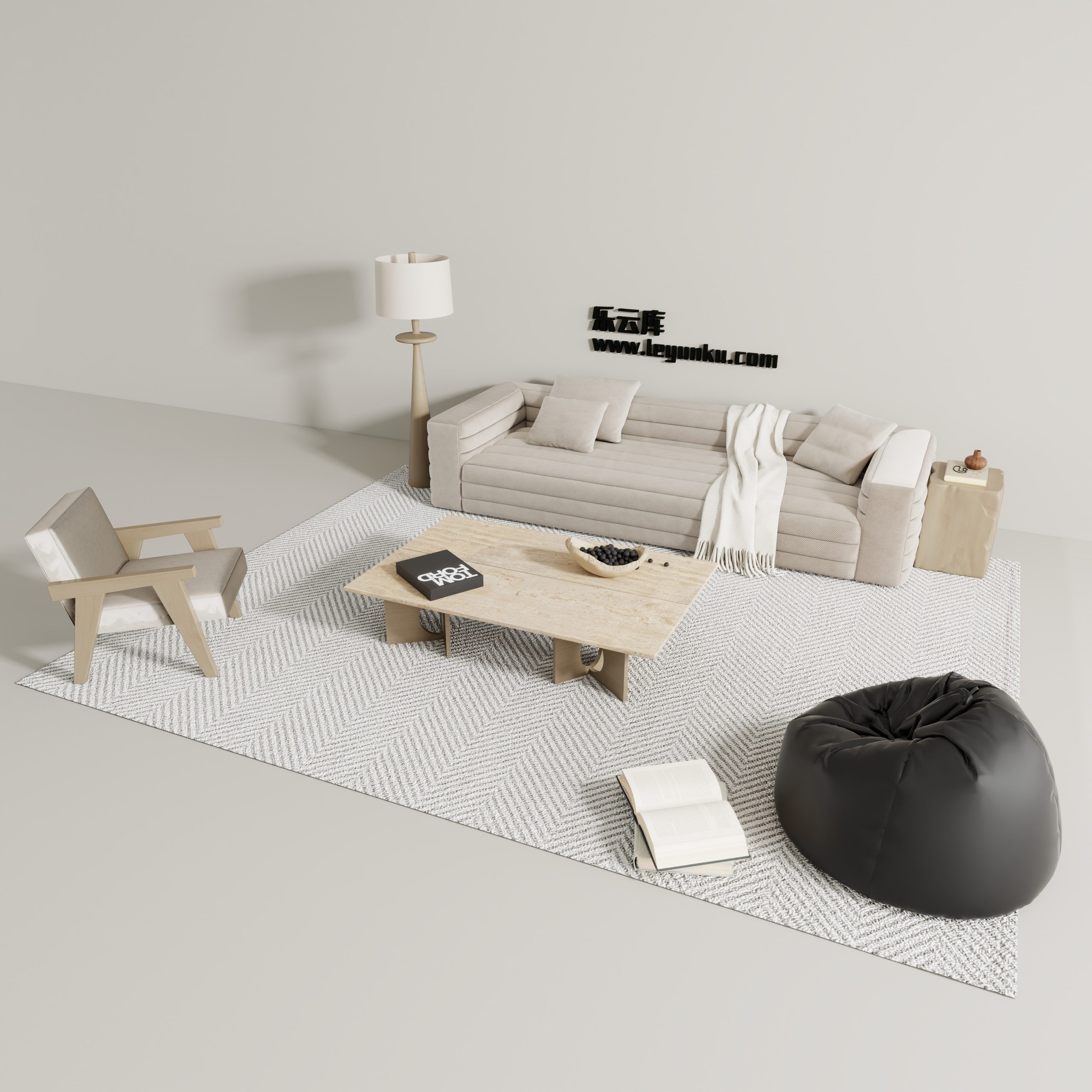 中古风格-客厅可拆解场景模型-乐云库