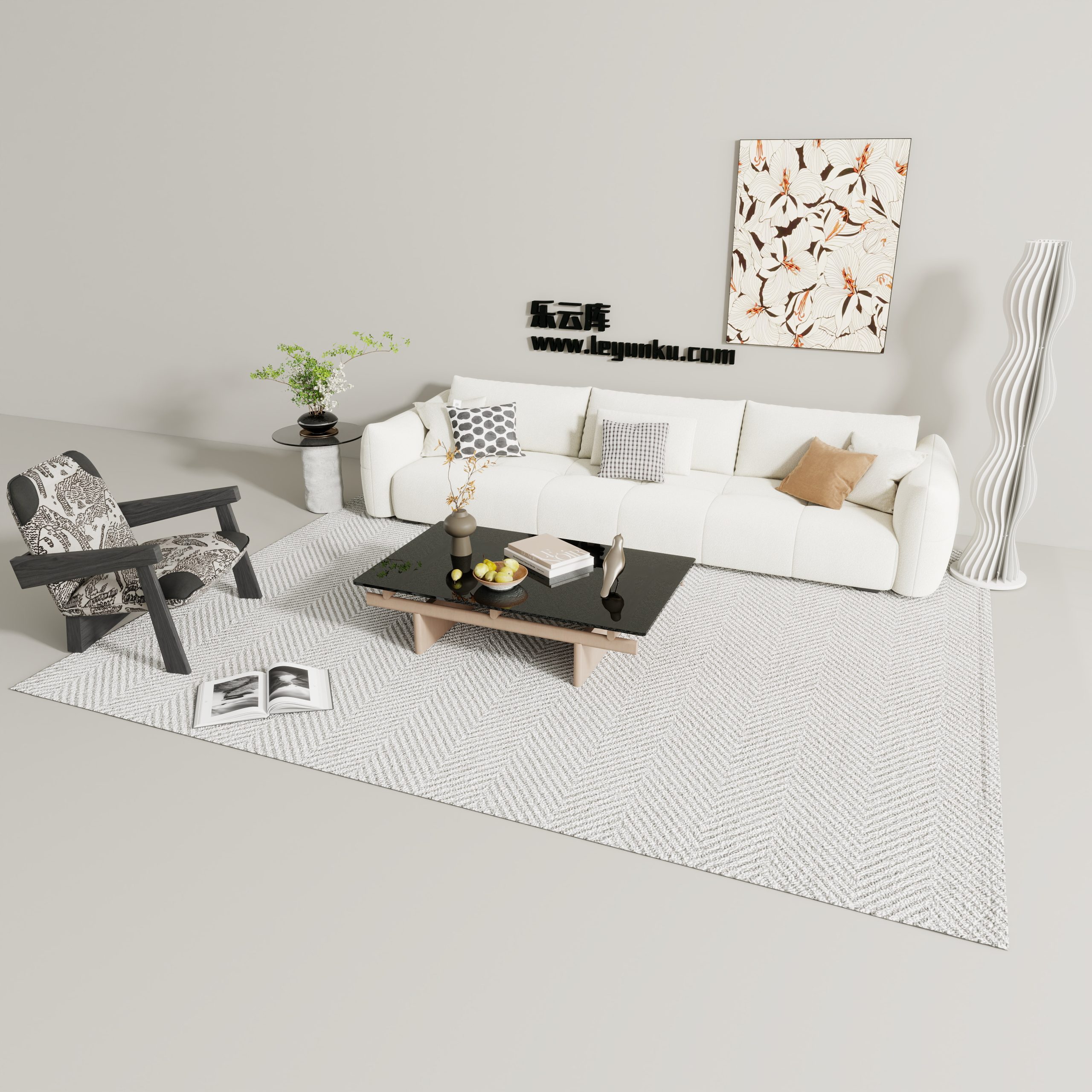 奶油中古风格-客厅可拆解场景模型-乐云库