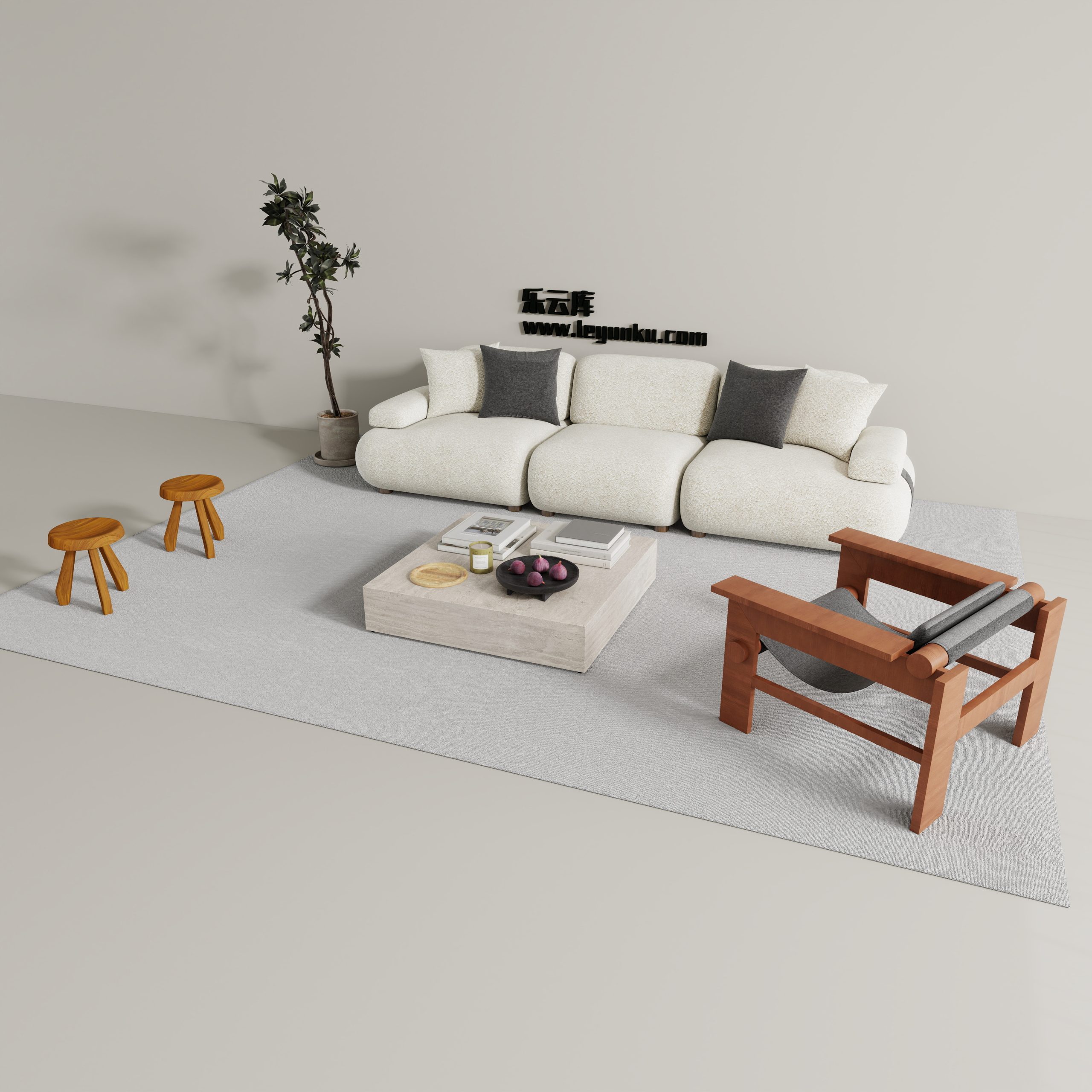 奶油中古风格-客厅可拆解场景模型-乐云库