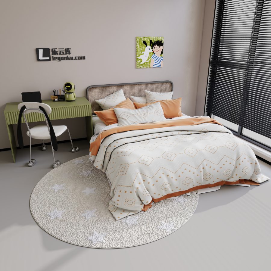 现代奶油风格卧室空间酷家乐可拆解场景模型-乐云库